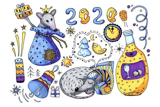 2020年新年的象征是一只老鼠，老鼠在除夕夜睡觉和做梦，并赠送礼物。手绘水彩插图设计的儿童和圣诞产品。图片下载
