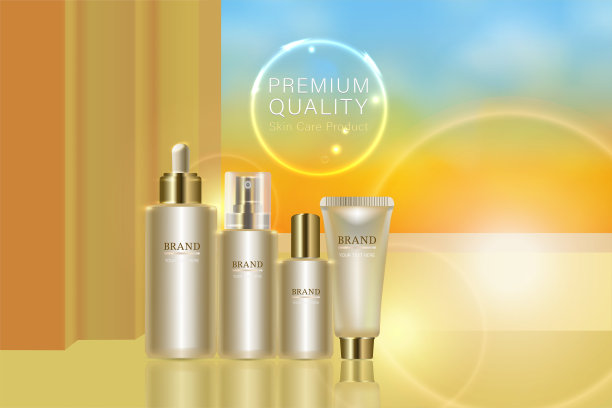 美容产品广告设计，黄金化妆品容器与现实的广告背景准备使用，奢侈的皮肤护理横幅，插图向量。图片下载