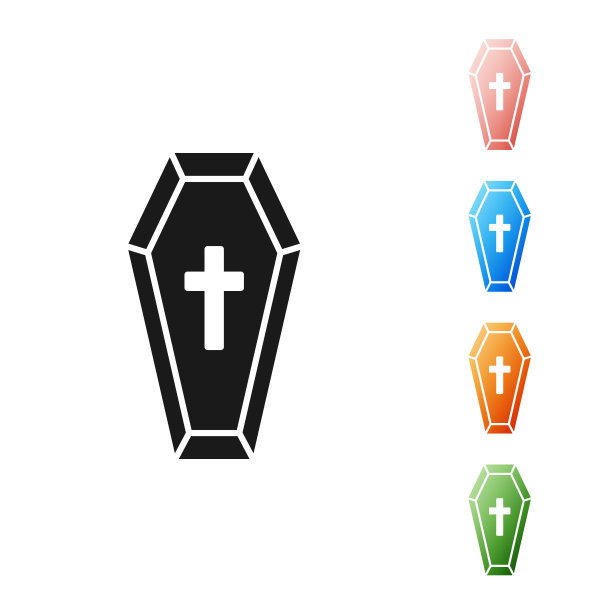 黑色棺材与基督教十字架图标孤立在白色背景。快乐的万圣节派对。设置图标丰富多彩。矢量图图片下载