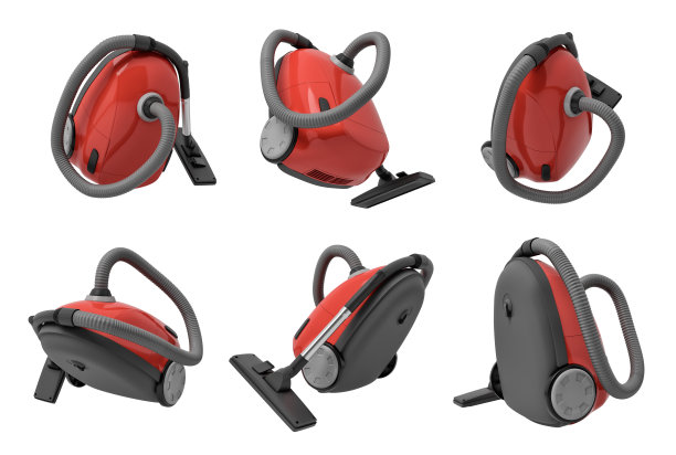 一组红色电动吸尘器的3d渲染，隔离在白色背景上图片下载