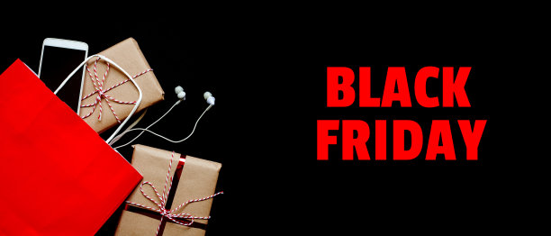 黑色星期五的横幅，礼盒和袋子，电话和耳机有拷贝空间图片下载