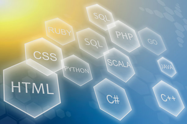 黄蓝色背景下的程序设计语言和应用程序开发概念。php、sql、html、css等学科培训课程。图片下载