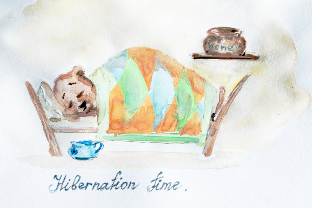 水彩插图。熊躺在床上，盖着被子。铭文，冬眠时间。图片下载