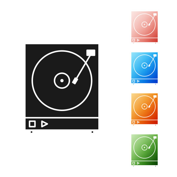 黑色乙烯基播放器与乙烯基磁盘图标隔离在白色背景。设置图标丰富多彩。矢量图图片下载