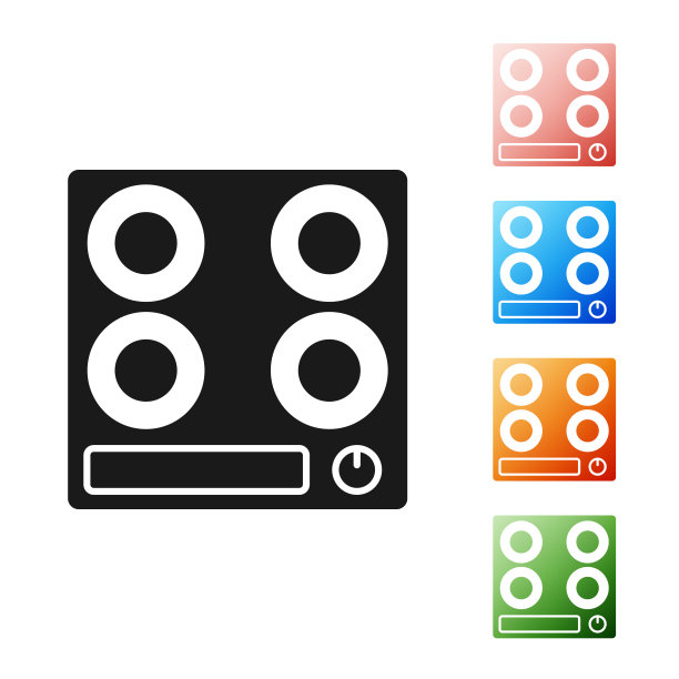 黑色煤气炉图标孤立在白色背景。炉灶面签。滚刀有四个圆形燃烧器。设置图标丰富多彩。矢量图图片下载