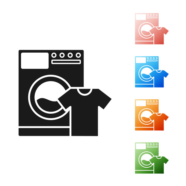 黑色洗衣机和t恤图标孤立在白色背景。洗衣机图标。洗衣机，洗衣机。家电的象征。设置图标丰富多彩。矢量图图片下载