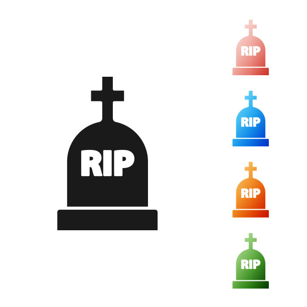 黑色墓碑上写着RIP，图标孤立在白色背景上。严重的图标。设置图标丰富多彩。矢量图图片下载