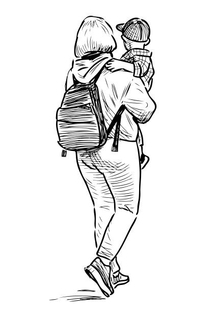 母亲抱着小儿子走在街上的素描图片下载