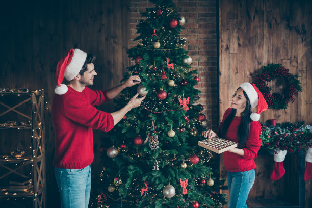 两对喜气洋洋的夫妇的侧面照片，人们装饰圣诞树为圣诞晚会戴着帽子在房子里装满新年装饰袜子花环在室内图片下载