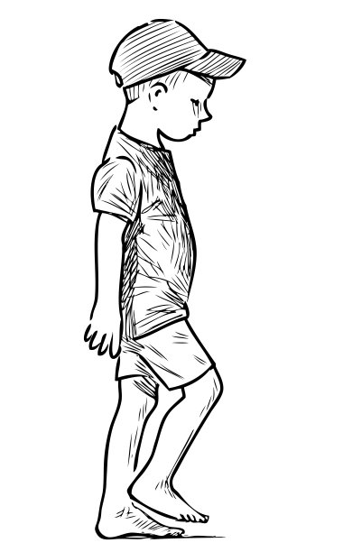 一个小男孩赤脚在海滩上散步的素描图片下载