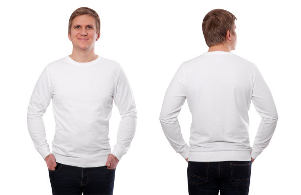 穿着白色运动衫的年轻人，前后都是白色帽衫。白色背景图片下载