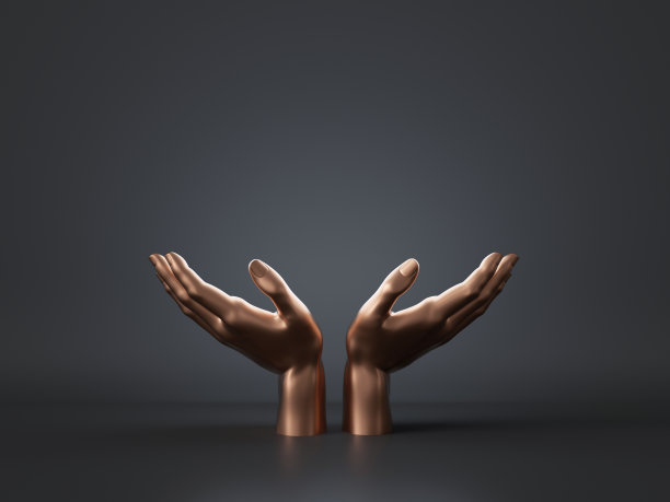 3d渲染，金色的女人人体模型双手孤立在黑色背景上，张开的手掌，握住的姿态，圆形的空白框架，抽象的时尚概念，豪华的最小模型，简单干净的设计图片下载