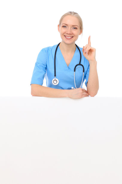 女医生或护士被隔离在白色背景下。笑容可掬的医务人员代表。医学的概念图片下载