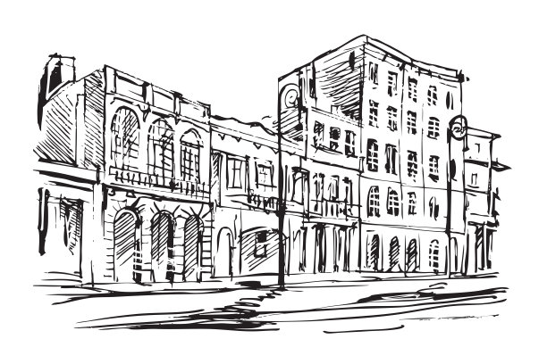 哈瓦那一条街道的黑白手绘图图片下载