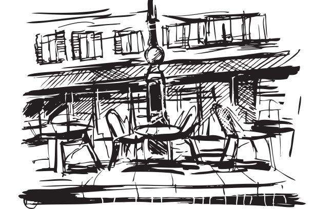 巴黎一家餐厅的手绘黑白图图片下载