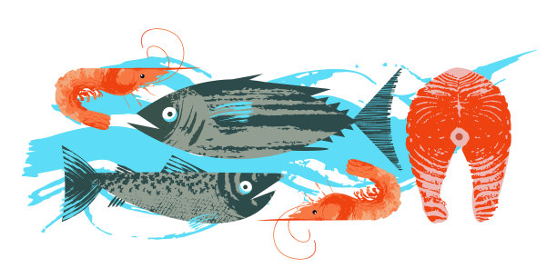 海鲜。鱼。彩色矢量插图，不同的鱼和虾的图像与独特的手绘矢量纹理的集合。图片下载