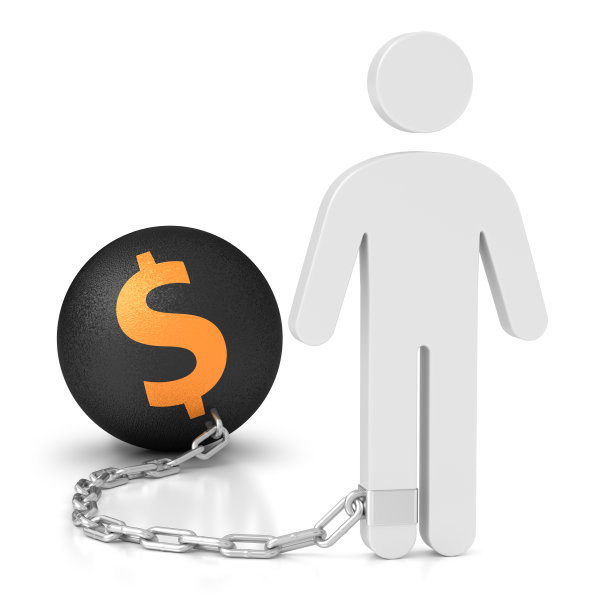 商人被一个带着美元符号的大家伙拴着。金融危机和商业问题3d插图。债务人被孤立在白色的背景上。金钱上瘾。剪切路径包括图片下载