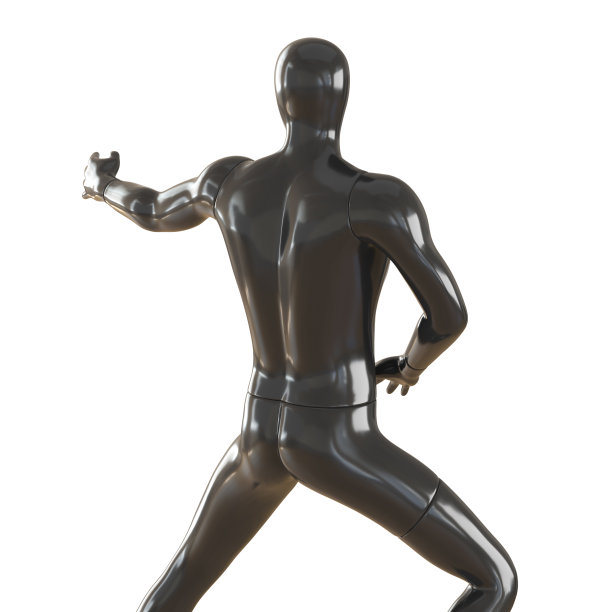 一个没有脸的黑色人体模型站在一个姿势，就像在武术。在孤立背景上的3D渲染图片下载