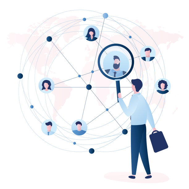 商人使用放大镜搜索业务联系和全球通信。各种商务人士的化身。图片下载