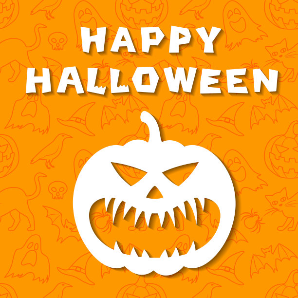 万圣节快乐贺卡。刻着邪恶面孔的南瓜。橙色背景图片下载