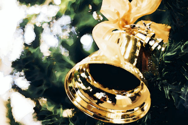 水彩画形象插图金铃与一个红色的蝴蝶结在圣诞树上图片下载