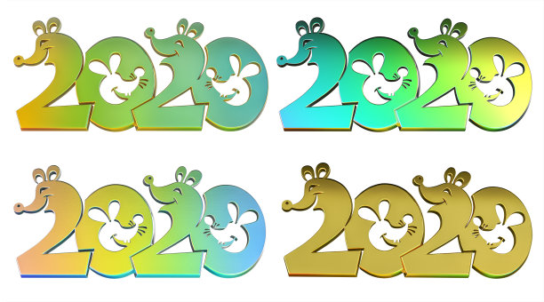 文本- 2020。一套可爱的老鼠形象的三维彩色文字。3D渲染，插图孤立在白色背景上。图片下载