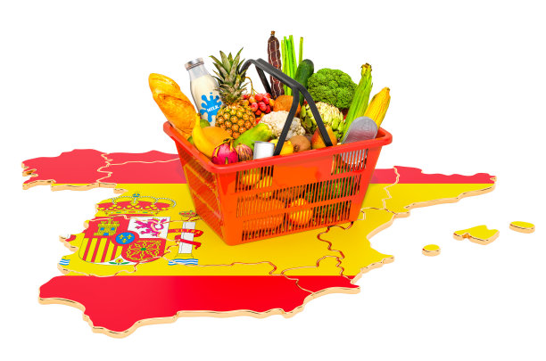 市场篮子或购买力在西班牙的概念。西班牙地图的购物篮，3D渲染孤立的白色背景图片下载
