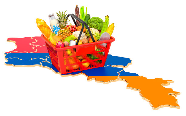 市场篮子或购买力在亚美尼亚的概念。购物篮与亚美尼亚地图，3D渲染孤立的白色背景图片下载
