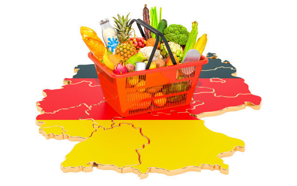 市场篮子或购买力在德国的概念。购物篮与德国地图，3D渲染孤立的白色背景图片下载