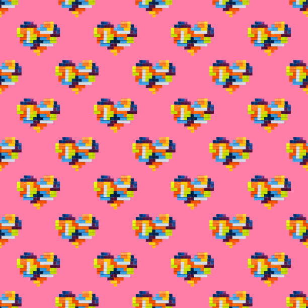 多色马赛克心孤立在粉红色的背景，无缝模式图片下载