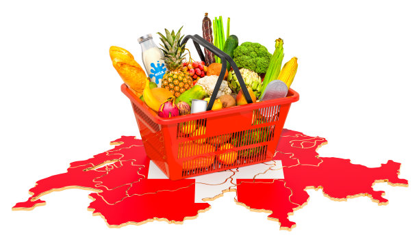 市场篮子或瑞士购买力的概念。购物篮与瑞士地图，3D渲染孤立的白色背景图片下载