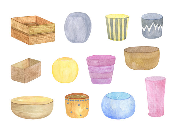 一套不同的颜色和模型的花盆，家庭和花园用具的简单剪贴画图片下载