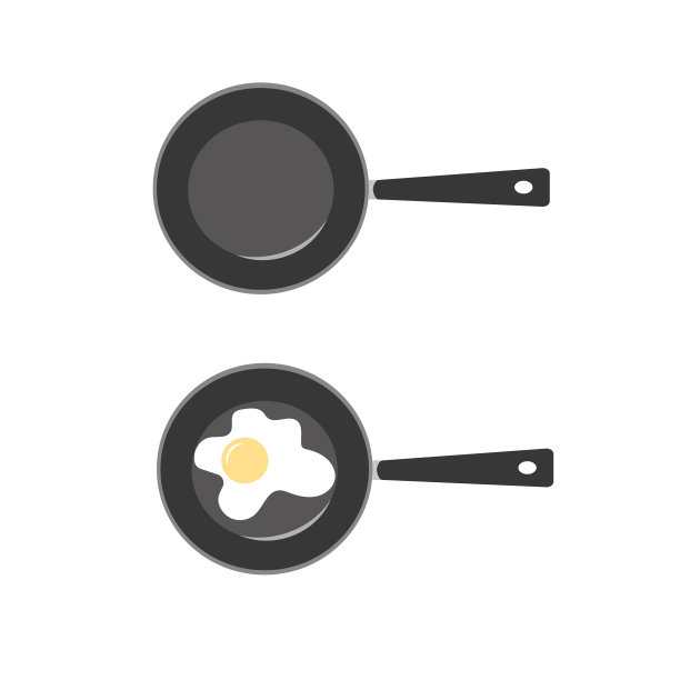 一个空煎锅和一个在白色背景上煎蛋的煎锅。向量图片下载