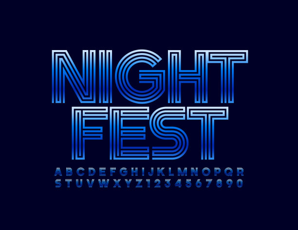 矢量创意海报与mze风格的字母夜Fest。蓝色大写字母和数字图片下载