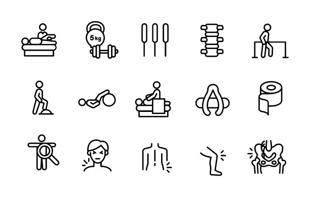 物理治疗图标设置-疼痛的原因，症状，运动胶带，运动设备和治疗图片下载