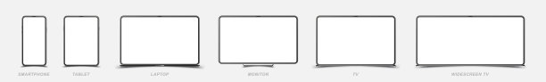 设置逼真的设备模型。智能手机、平板电脑、笔记本电脑、显示器和电视。正面与屏幕隔离在白色背景。平面矢量插图EPS 10图片下载