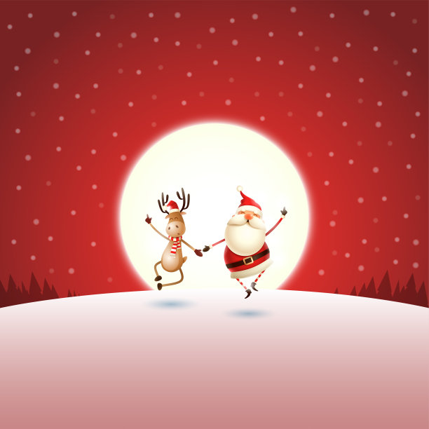 圣诞祝福-圣诞老人和驯鹿在红色的夜晚月光冬天景观图片下载