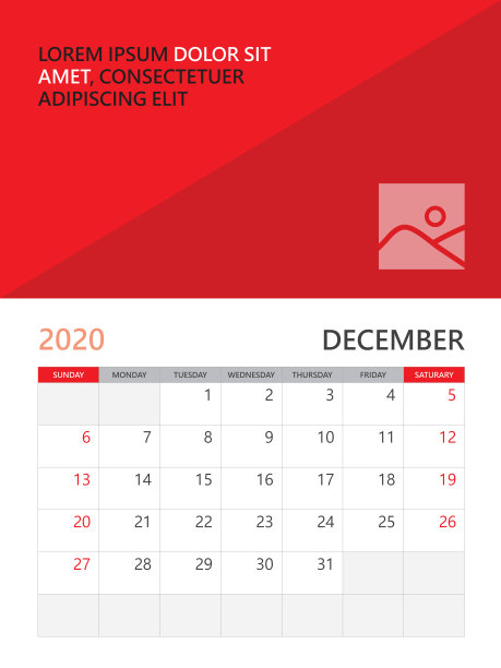 日历2020模板，台历，挂历2020,12月，海报，规划师模板。红色背景，简单的垂直艺术品图片下载
