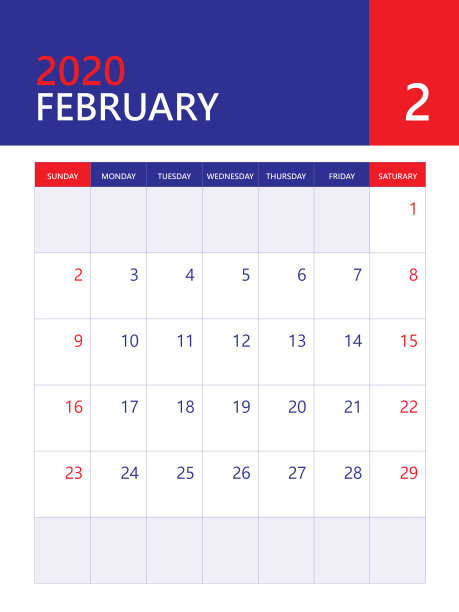 日历2020模板，桌面日历，墙壁日历2020，二月月，海报，规划师模板。红色和蓝色的背景，简单的垂直艺术品图片下载