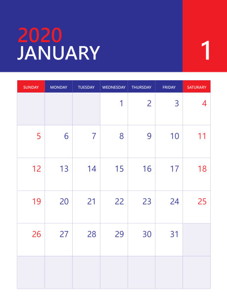 日历2020模板，桌面日历，墙壁日历2020，一月月，海报，计划模板。红色和蓝色的背景，简单的垂直艺术品图片下载