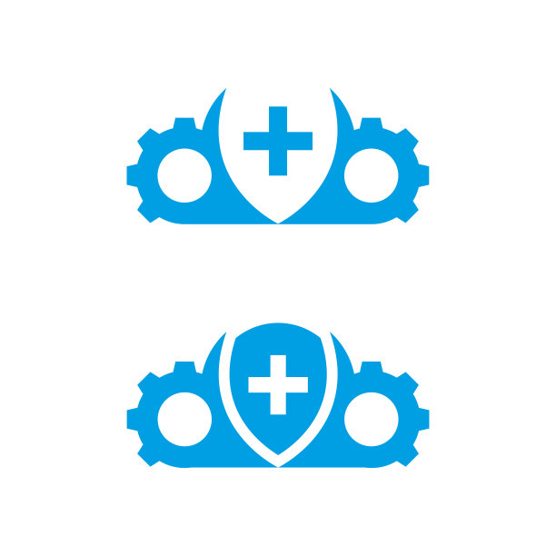 十字盾牌，机制和云图标孤立在白色背景上。图片下载