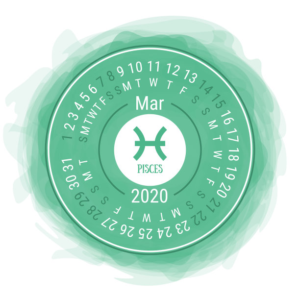 2020年3月。向量英语сalendar。星座。双鱼座。占星符号。黄道带色向量星座。水彩儿童素描涂鸦风格。手绘框架。圆的日历。烟雾缭绕的圆图片下载