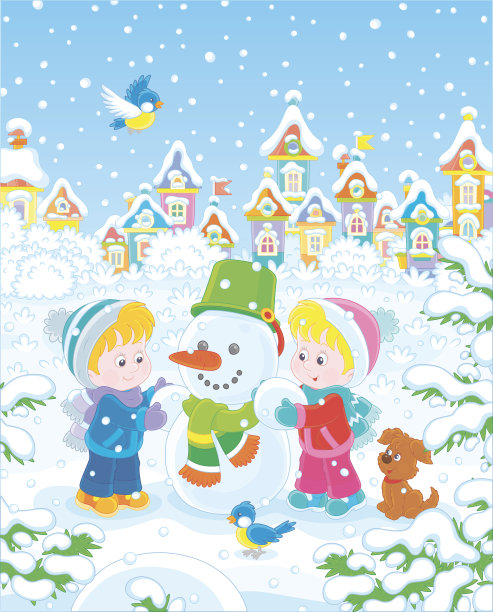 小孩子们在堆一个有趣的雪人图片下载