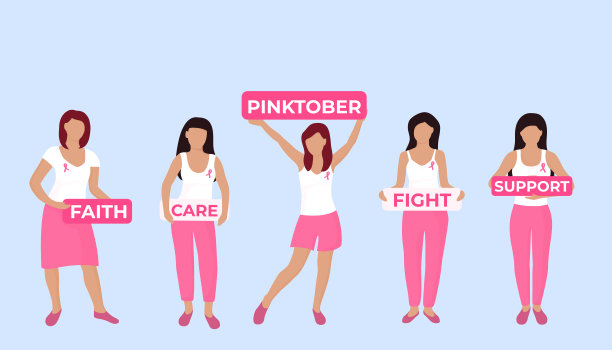 全国乳腺癌宣传月。一群胸前系着粉色丝带的年轻妇女举着牌子。图片下载