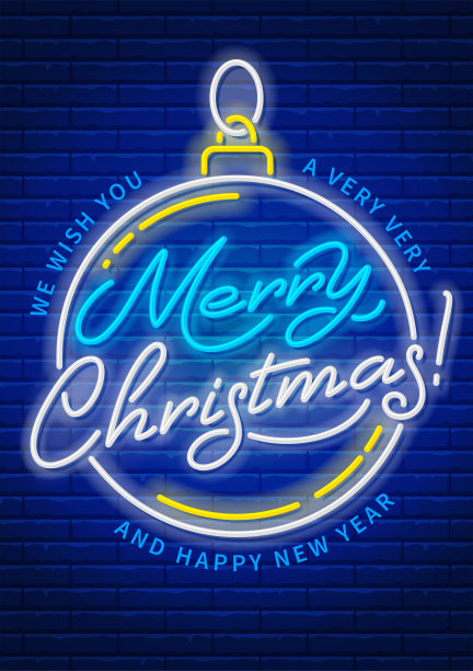 圣诞快乐，新年快乐霓虹文字写在圣诞舞会图片下载