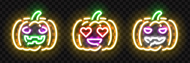 向量组现实孤立的霓虹灯标识的南瓜标志模板装饰和邀请覆盖在透明的背景。万圣节快乐的概念。图片下载