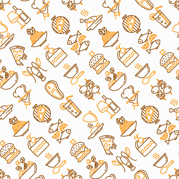 餐厅菜单用细线图标无缝图案:开胃菜、厨师菜、烧烤、汤、牛肉、牛排、饮料、鱼、沙拉、披萨、葡萄酒、海鲜、汉堡。现代向量插图。图片下载