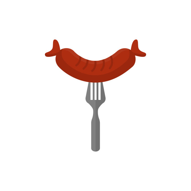 烤香肠平面图标。矢量符号，香肠和叉彩色象形文字孤立在白色。象征,标志说明。平面设计风格图片下载