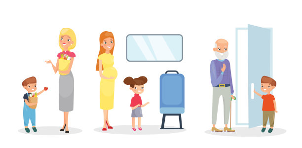 矢量插图一套孩子帮助成人，良好的礼貌。有礼貌可爱的孩子，为老人开门，帮助母亲，在交通中让座。儿童和成人孤立在白色背景，卡通平面风格。图片下载