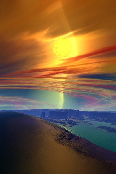 外星人的星球。山和湖。三维渲染图片下载